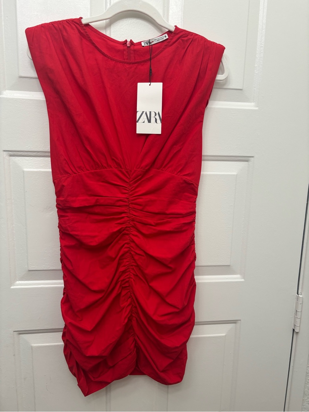 Zara Bright Red Ruched Cap-Sleeve Mini Dress